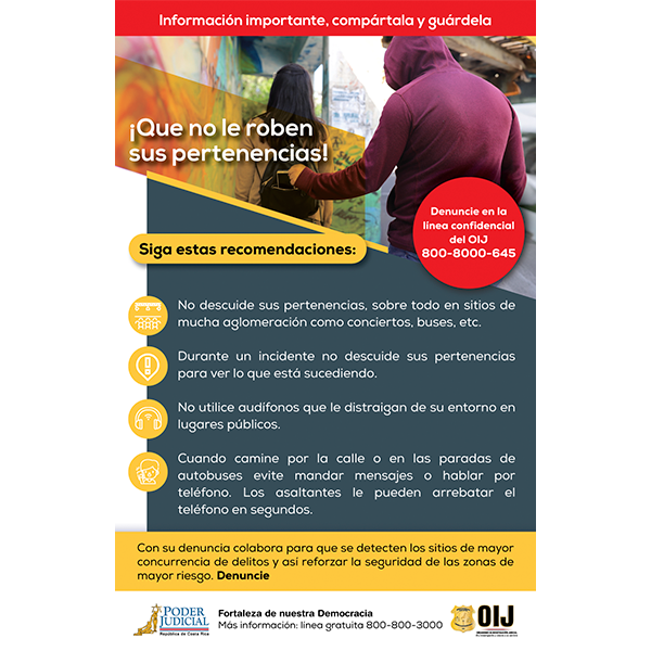 Volante: Recomendaciones para prevenir el robo de pertenencias 